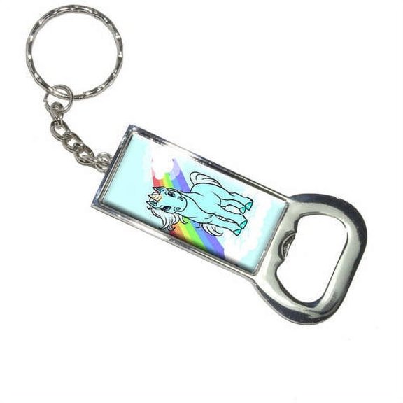 Cute Blue Unicorn On Rainbow And Cloud Keychain Bottle Bottlecap Opener
