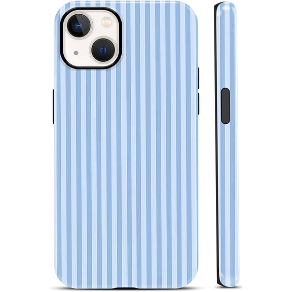 Cute Blue White Vertical Striped Phone Case for iPhone 13 mini 5, 4", Aesthetic Classic Retro Stripe Pattern Glossy Phone Cover Shockproof Soft TPU Hard PC Protection Girls Boy Funda
