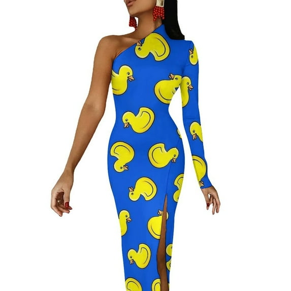 Cute Blue Yellow Rubber Ducks Maxi Dress One Shoulder Elegant Bodycon Dress Summer Street Wear Long Dresses Lady Design Clothes