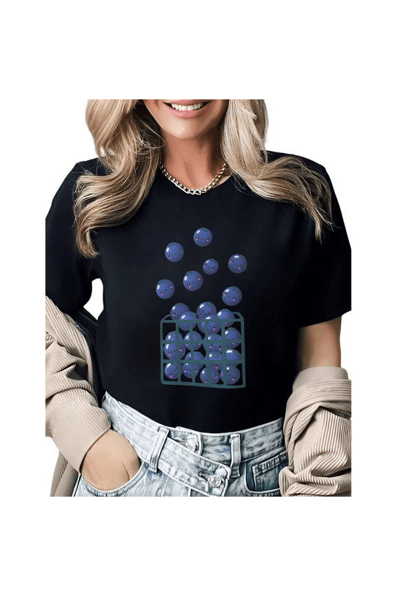 Cute Blueberry Basket Graphic Tees Womans T-shirt Black/White S-5XL Shirts Kawaii Fruit Tops