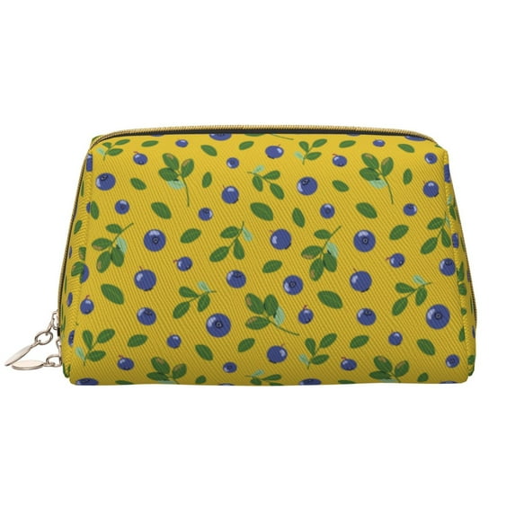 Cute Blueberry Yellow Makeup Bag, Large Capacity Travel Cosmetic Bag for Women Girls- Travel Toiletry Bag Leather Portable Waterproof Makeup Case Organizer with Handle