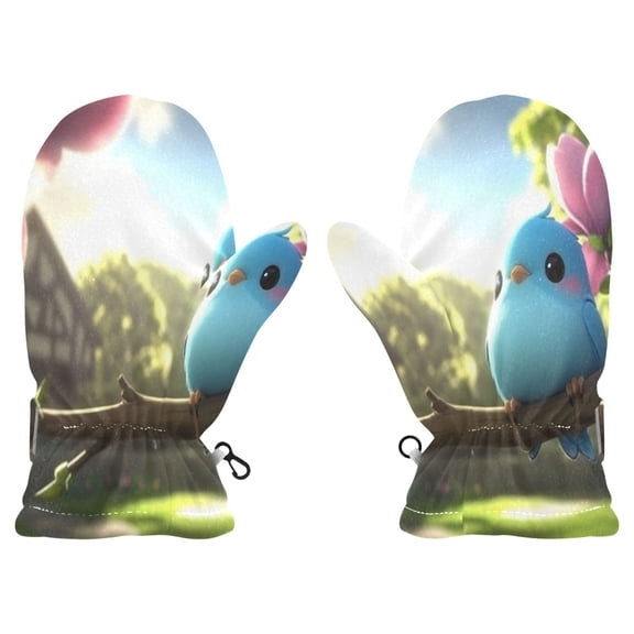Cute Bluebird in The Garden Witch Cauldron Pattern Cold Weather Mittens Cozy Gloves with Adjustable Fit Perfect for Outdoor Fun