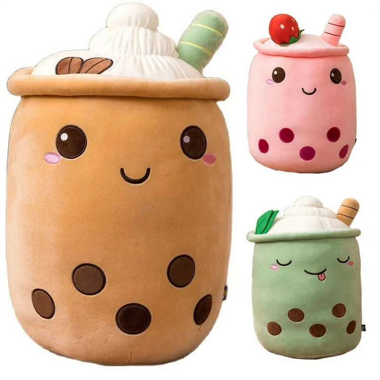 Cute Boba Tea Plush Stuffed Bubble Tea Plushie Cartoon Soft Strawberry Milk  Tea Cup Fruit Pillow Home Hugging Gift for Kids Big Eyes,25CM