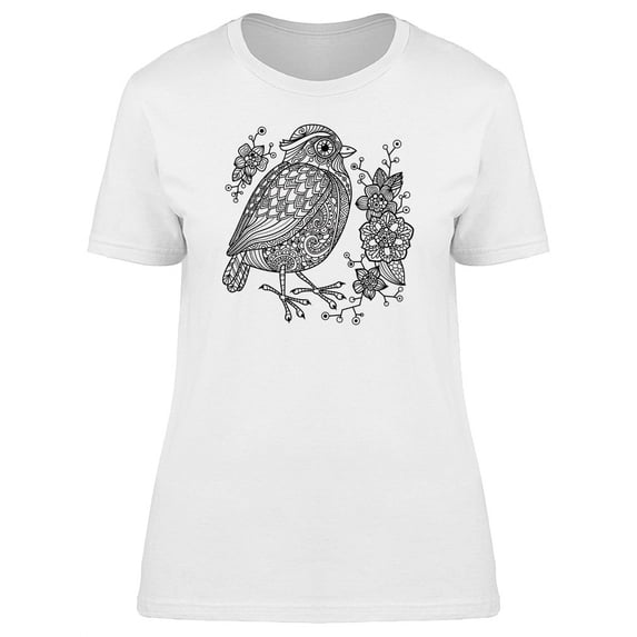 Cute Boho Floral Bird Sketch T-Shirt Women -Image by Shutterstock, Female Large