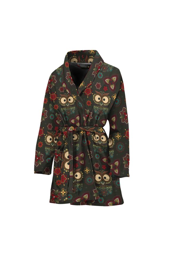 Cute Boho Owl Pattern Women Bathrobe One Size Univeral Fits, Owl Bird Fashion Lightweight Plush Fleece Long Robe For Women