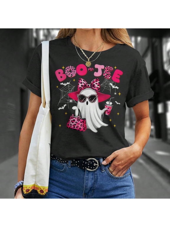Cute Boo Jee Ghost Halloween Pink Leopard Bow Ghost T-Shirt Women's T-Shirt