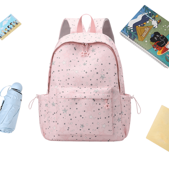 Cute Book Bag Print Star Backpack Large Capacity Students Bookbags Multiple Pockets Travel Daypack Bag for Teens College Commute (Pink)