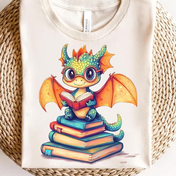 Cute Book Dragon Shirt - Reading Lover Fantasy Tee - Adorable Dragon with Books Graphic T-Shirt - Bookworm Gift Idea - Library Nerd Tee All Size S-5Xl