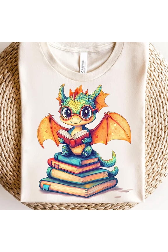 Cute Book Dragon Shirt - Reading Lover Fantasy Tee - Adorable Dragon with Books Graphic T-Shirt - Bookworm Gift Idea - Library Nerd Tee All Size S-5Xl
