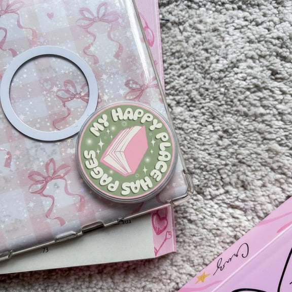 Cute Bookish Quote Acrylic Phone Topper, My Happy Place Has Pages Accessory, Aesthetic Pink Book Lover Gift, Whimsical Library Phone Finger Grip for E-reader