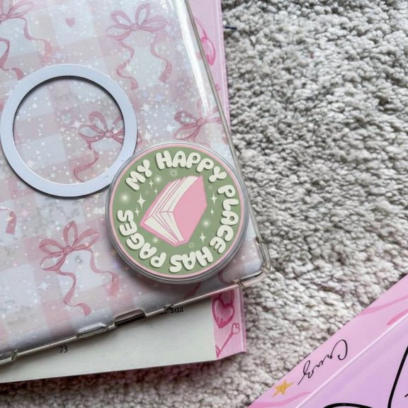 Cute Bookish Quote Acrylic Phone Topper, My Happy Place Has Pages Accessory, Aesthetic Pink Book Lover Gift, Whimsical Library Phone Finger Grip for