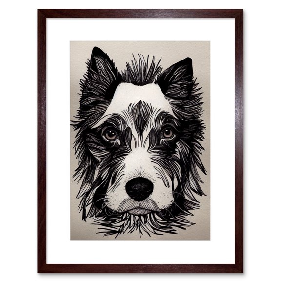 Cute Border Collie Face Portrait Ink Line Drawing Black White Monochrome Artwork Framed Wall Art Print 9X7 Inch