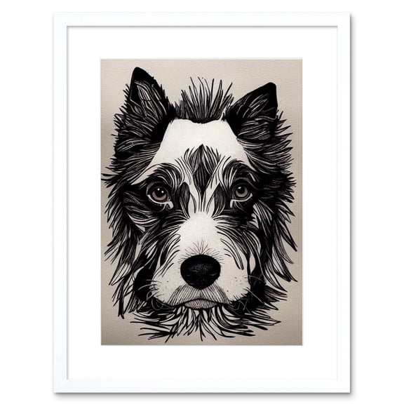 Cute Border Collie Face Portrait Ink Line Drawing Black White Monochrome Artwork Framed Wall Art Print 9X7 Inch
