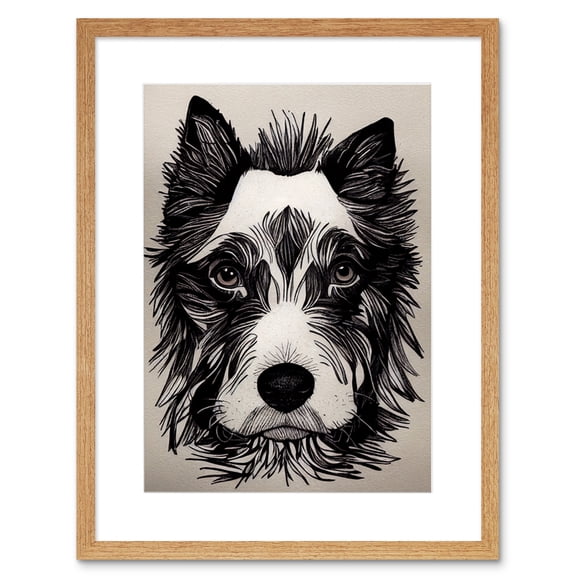 Cute Border Collie Face Portrait Ink Line Drawing Black White Monochrome Artwork Framed Wall Art Print 9X7 Inch