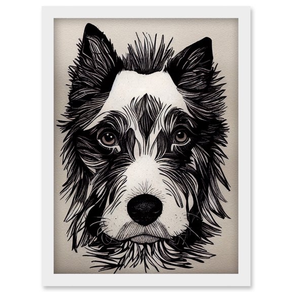 Cute Border Collie Face Portrait Ink Line Drawing Black White Monochrome Artwork Framed Wall Art Print A4