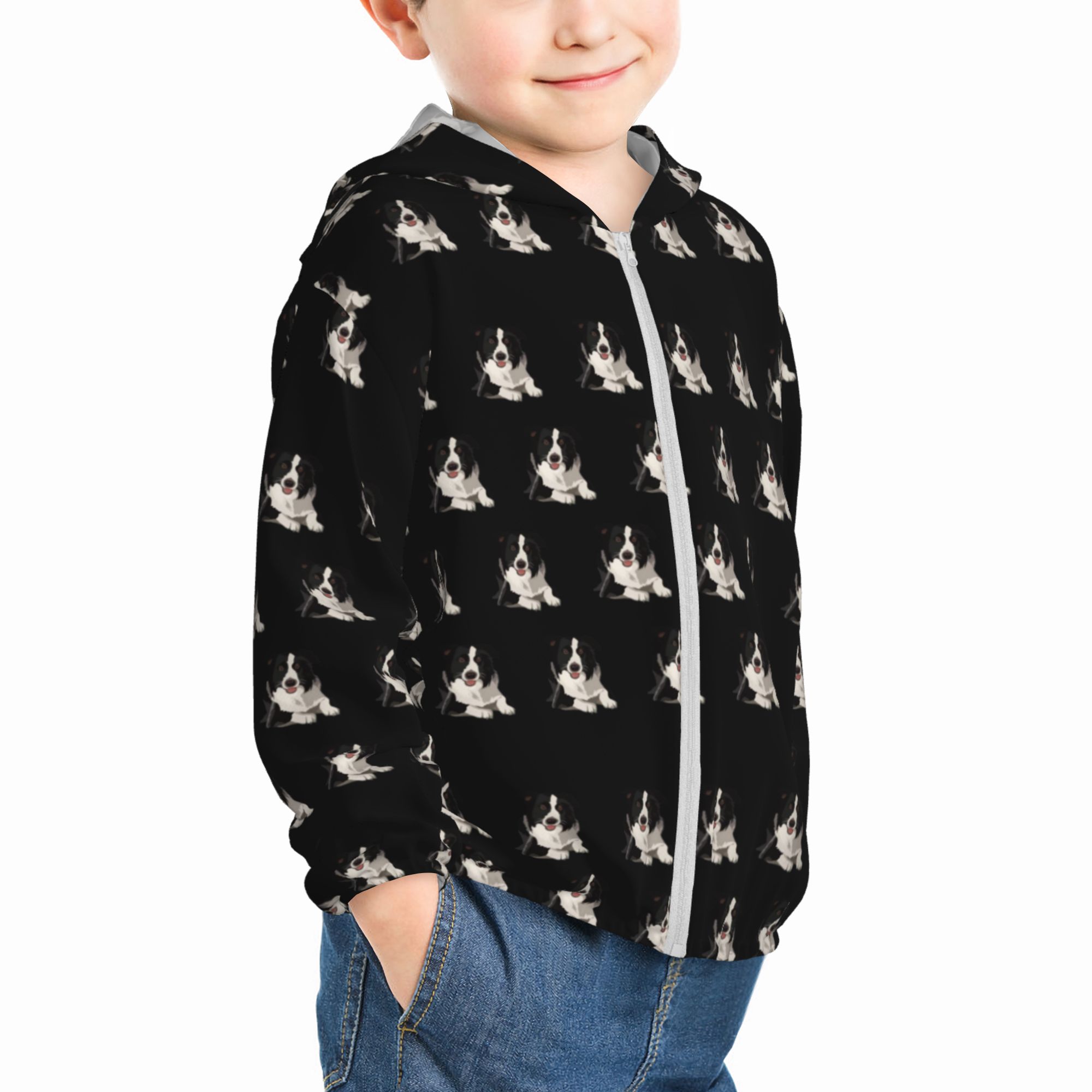 Cute Border Collie Kids ZipUp Hoodie Girls Boys Sun Protection Jacket