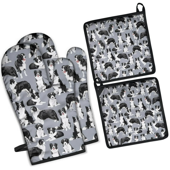 Cute Border Collie Pattern Kitchen Oven Mitt and Pot Holder Sets 2 Pcs for Baking, Cooking and Grilling, Heat Resistant Up To 392 °F