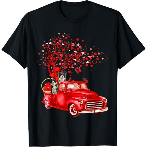 Cute Border Collie Riding Red Truck Valentine Butterfly Tree T-Shirt