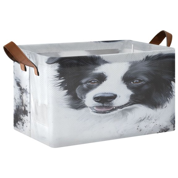 Cute Border Collie Storage Basket Soccer Plaid Fabric Hoard Box Oversized Collapsible Closet Organizer with Metal Iron Frame 16.911.410in