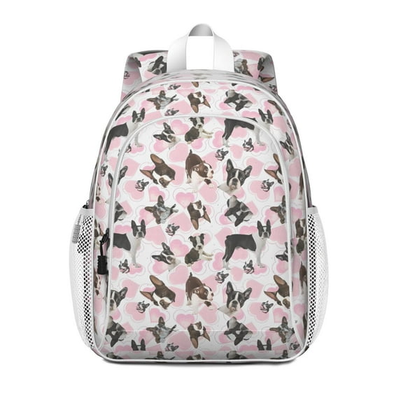 Cute Boston Terrier Dog and Pink Love Heart Backpack for School,Cute School Bag,Schoolbag with Adjustable Shoulder Straps & Padded Back,15"x11.42"x5.5"