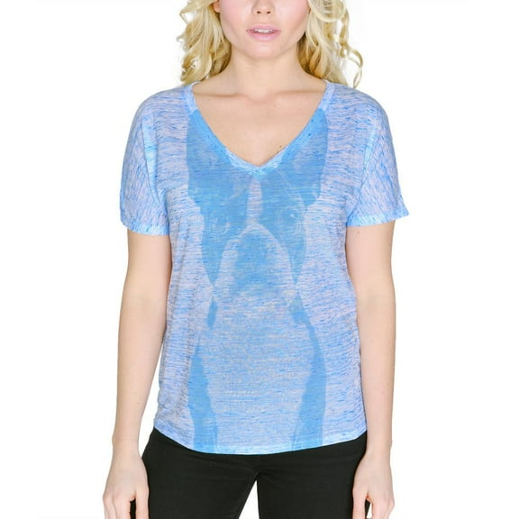 Cute Boston Terrier Face Women's Slouchy V-Neck T Shirt Blue Marble SM