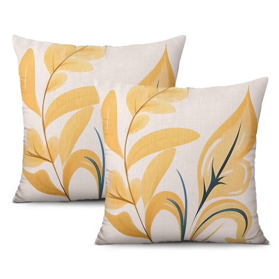Cute Botanical Print Vintage Yellow Sage Green Flower Leaves Throw Pillow Covers 16"x16", Set Of 2, Linen Study Sofa Cushion Cover Indoor Living Room Home Decor