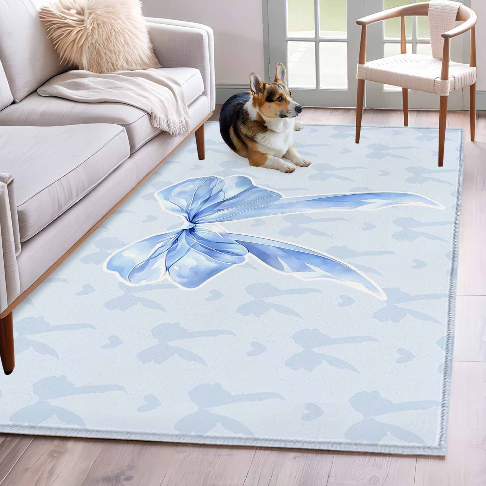 Cute Bow Area Rugs 4'x6', Washable Small Throw Rugs for Office Bathroom, Blue Bowknot Minimalist Solid Color Indoor Outdoor Rug Non-Slip Low Pile Carpet Runner Reversible Floor Mats