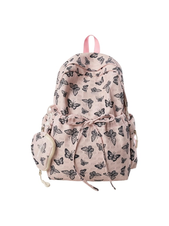 Cute Bow Backpack for Women Kawaii Floral Print Preppy College Book Bag Trendy Coquette Laptop Daypack,White