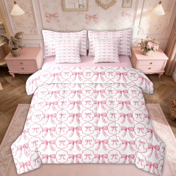 Erosebridal Cute Bow Bedding Set Pink Girls Bowknot Full Bed In A Bag 7 Pcs Watercolor Bow Tie Patchwork Pink White Comforter Set Geometric Check Bow Sheet Set With Comforter