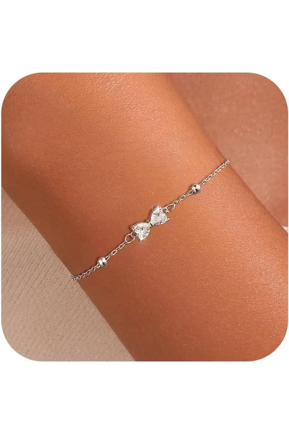 Cute Bow Bracelet for Women 925 Sterling Silver 14K Gold Plated Dainty Cubic Zirconia Bracelets Teacher Bracelet Adjustable Beaded Charm Bracelets Jewelry Christmas Gifts