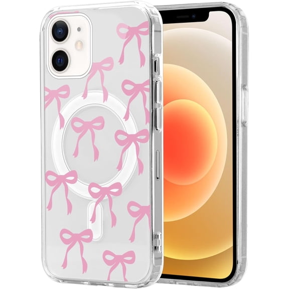 Cute Bow Case Magnetic for iPhone 12 Pro / 12 6.1'', Bow Cases Compatible with MagSafe Slim TPU Aesthetic Clear Phone Case Anti-Yellowing Shockproof Protective Funda for Women Girl - Pink