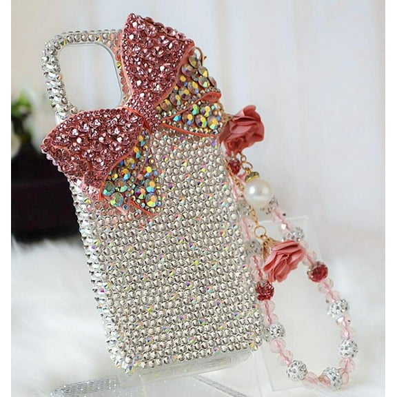 Cute Bow Case for Samsung Galaxy Note 8,Bling Glitter Diamond Crystal Rhinestone Women Girls Kids Shiny Sparkle with Flowers Lanyard Clear Protective Phone Case,Pink Bow