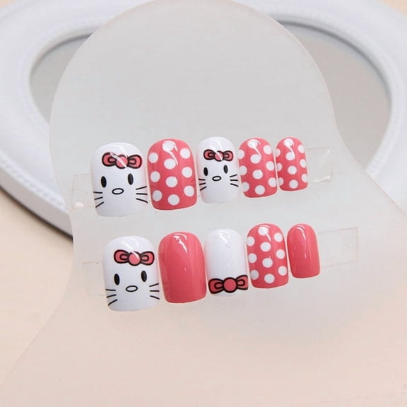 Cute Bow Cat False Nails, Short Round Head, Dot Art Nails, Pink, 24 Pieces