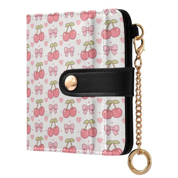 Cute Bow Cherry and Heart Small Wallet for Women RFID Blocking Bifold PU Leather Credit Card Holder with Zipper Coin Pocket Compact Cute Travel Purse Magnetic Snap 7 Card Slots