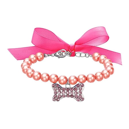 Cute Bow Collar Cat Accessories Diamond Kitten Tie Pet Pearl Necklace Cat Collars Bone Pendant ROSE RED L