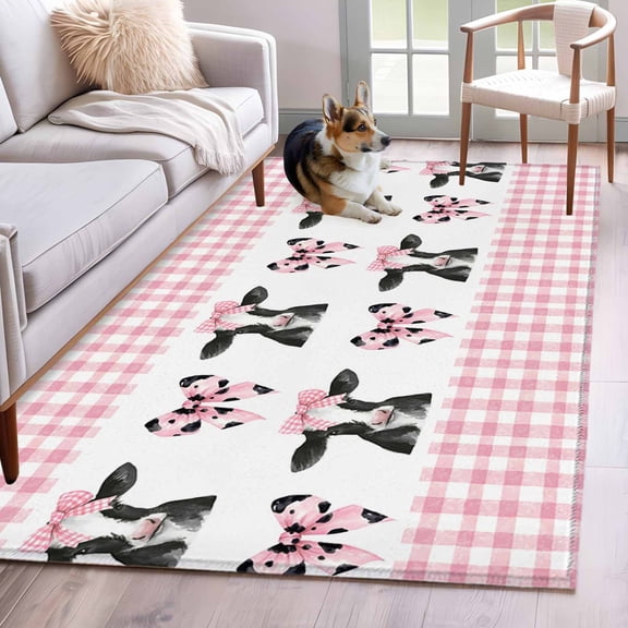 Cute Bow Cow 3'x5' Washable Rug, Farmhouse Cute Animals Pink Buffalo Checkered Non-Slip Area Rugs for Entryway Kitchen Classroom, StainResistant Dorm Throw Carpet, Low Pile Soft Indoor Floor Mat