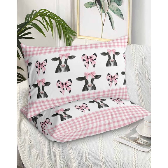 Cute Bow Cow Queen Pillow Cases Set of 2 - Microfiber Bed Throw Pillow Covers, Farmhouse Cute Animals Pink Buffalo Checkered Decorative Lumbar Pillow Cover with Envelope Closure for Sofa 20"x30"
