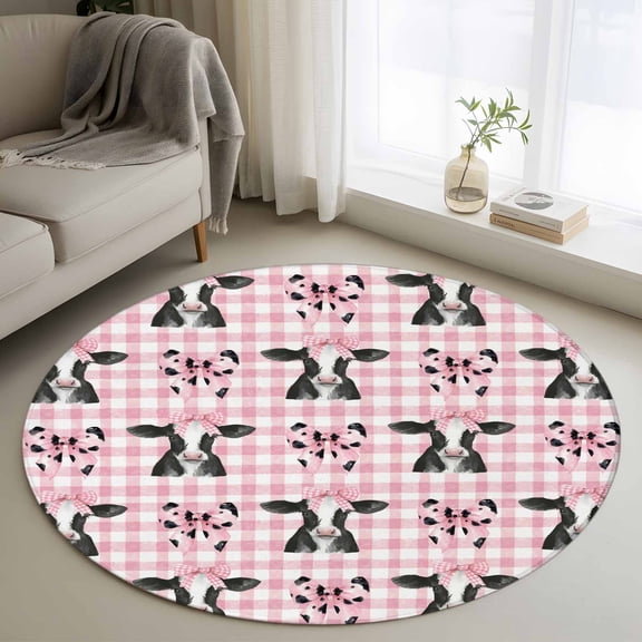 Cute Bow Cow Round Area Rug 4ft, Pink Buffalo Plaid Farmhouse Cute Animals Washable Non-Slip Circle Rugs for Bedroom Living Room Kitchen, Soft Non Shedding Circle Carpet for Dining Room Dorm