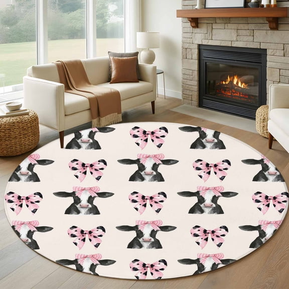 Cute Bow Cow Round Rug 8ft Washable Circle Rugs Non Slip Beige Farmhouse Cute Animals Large Area Rug Indoor Floor Carpet for Bedroom Kitchen Living Room Home Office Dining Room Nursery