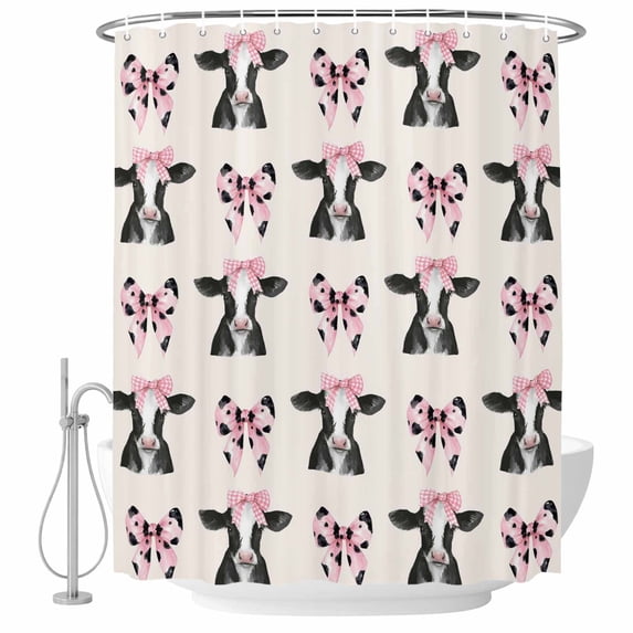 Cute Bow Cow Shower Curtain, Waterproof Shower Curtains for Bathroom, Beige Farmhouse Cute Animals Washable Fabric Bathtub Curtain Set Bath Decor with 12 Hooks 48"x72"