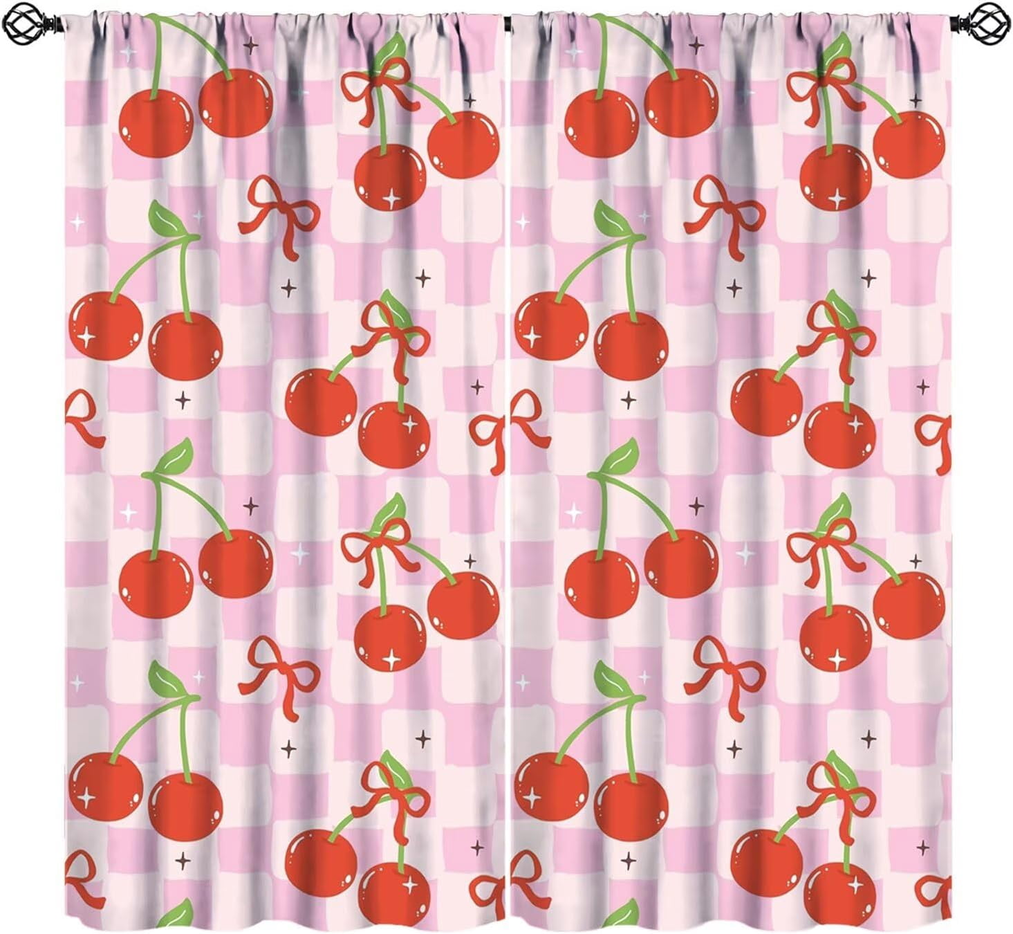 Cute Bow Curtains, Retro Pink Cherkered Cartoon Red Cherries Bows Aesthetic Modern Print Window Treatments for Kids Girls Bedroom Livingroom Bathroom, 42" W X 54" L