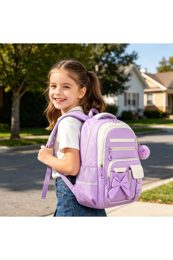 Cute Bow Decor Bookbag, Large Capacity Multi-Pocket Casual Daypack, Backpack with Fluffy Plush Pom Pom Charm, Durable Lightweight Bag with Reinforced Zippers for Daily Use and Trip, Purple