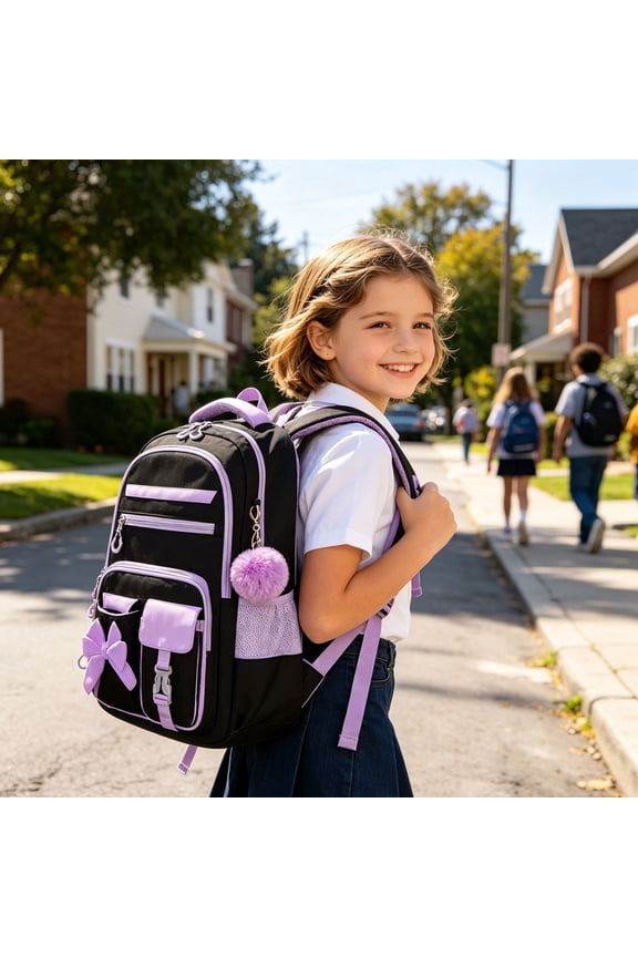 Cute Bow Decor Bookbag, Large Capacity Multi-Pocket Casual Daypack, Backpack with Fluffy Plush Pom Pom Charm, Durable Lightweight Bag with Reinforced Zippers for Daily Use and Trip, Black and Purple