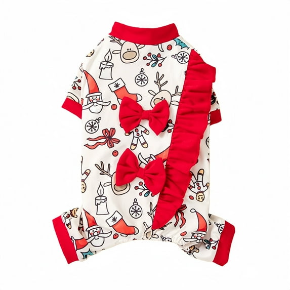Cute Bow Dog Pajamas 1Pcs Snowman Christmas Tree Pattern Ruffles Puppy Clothes for Cat Soft Pet Jumpsuit Onesie (Red)