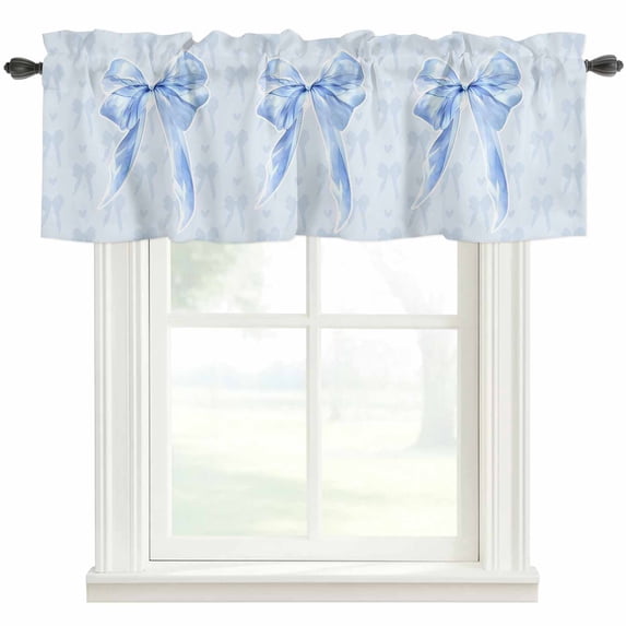 Cute Bow Farmhouse Short Window Curtain Valances, Blue Bowknot Minimalist Solid Color Rod Pocket Kitchen Valances for Living Room Bedroom Bathroom Cafe 60" x 18"