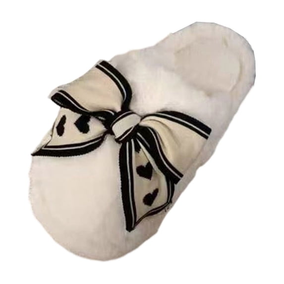 Cute Bow Fuzzy Slippers for Women, Womens Memory Foam Fluffy Warm Cozy Indoor House Shoes White