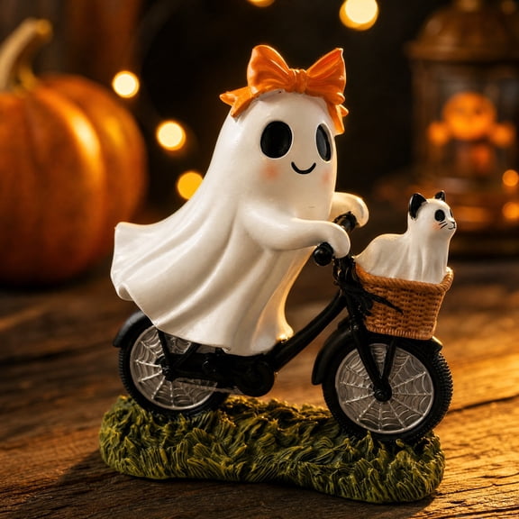 Cute Bow Ghost Riding Resin Statue, Halloween Ghost Bike Figurine with Cat & Rose Flower Basket, Pastel Spooky Desktop Table Ornament for Fall Home Party Decor Gift