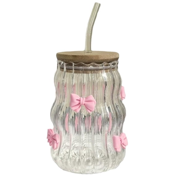Glass Cups with Lids and Straws,Heat Resistant Glass Tumbler Bow Knot Transparent Drinking Glasses for Water,Juice,Iced Coffee,Milk,Tea