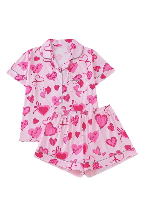 Cute Bow Heart Pajamas Women Valentines Printed 2 Piece Silk Pajama Set Plus Soft Short Sleeve Button Down Sleepwear Pink XL