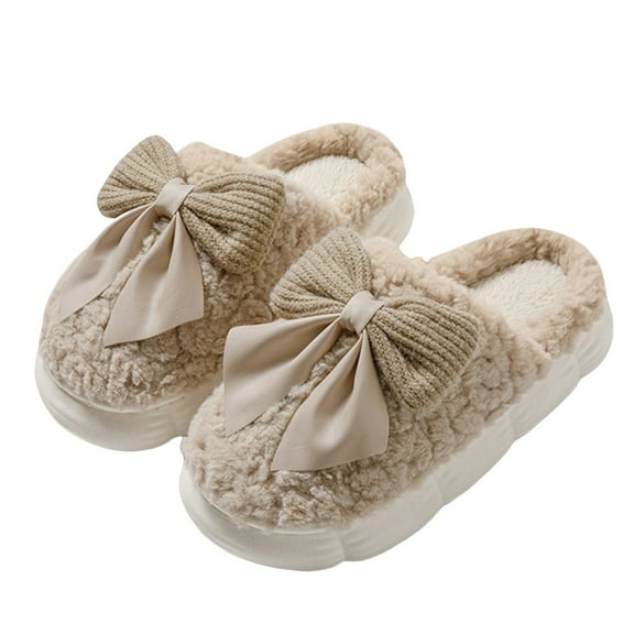 Cute Bow House Slippers for Women Comfy Furry Plush Indoor Outdoor Non Slip Platform Bedroom Shoes Woman